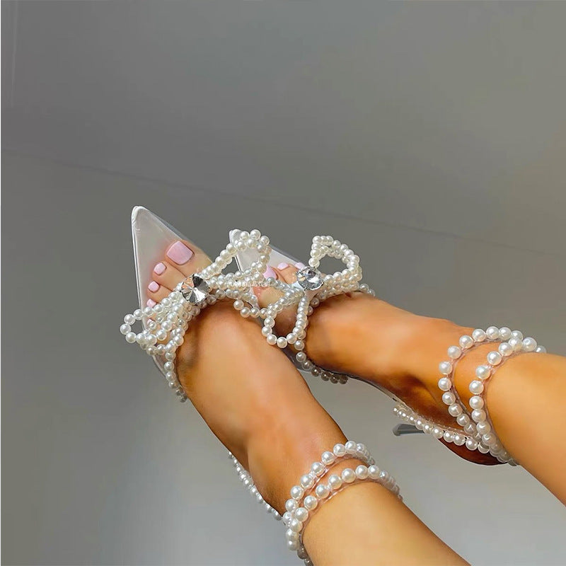 European And American Transparent Crystal Pearl Bow Head Sandals For Women