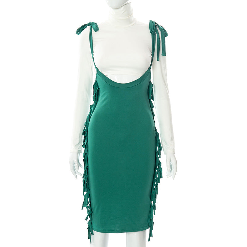 Solid-color Casual Crew-neck Long-sleeve Tassel Suspender Dress Set