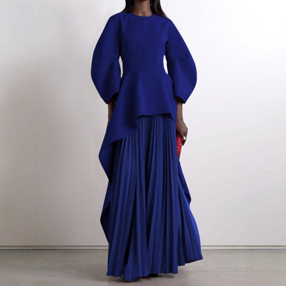 Pleated Solid-color Patchwork Layered Long-sleeve Loose Crew-neck Maxi Dress