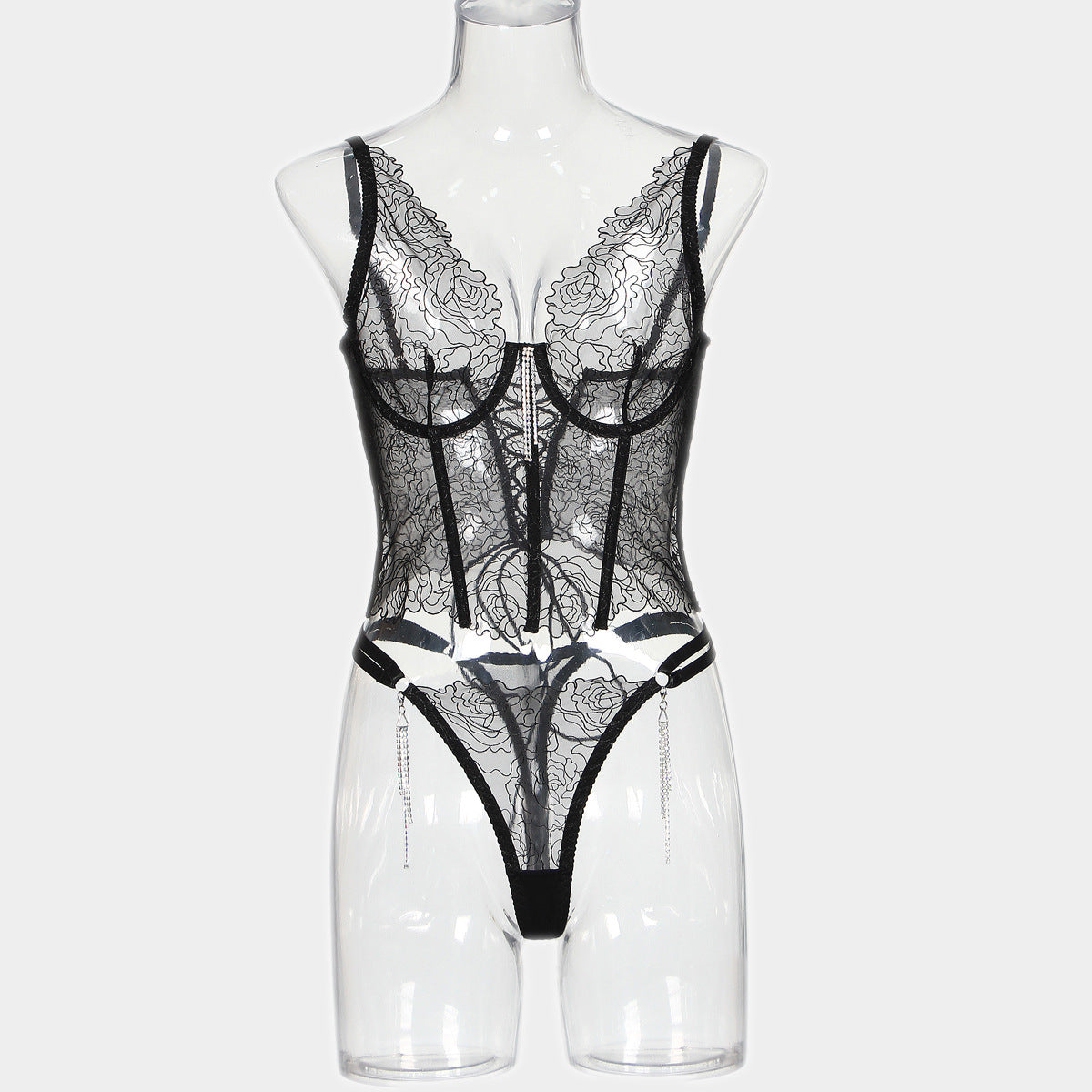 Flower Embroidery Tassel Chain Underwear Two-piece Set