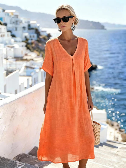 Casual Loose Fitting Long Skirt With Short Sleeves And A V Neck In Solid Color Cotton Linen Fabric