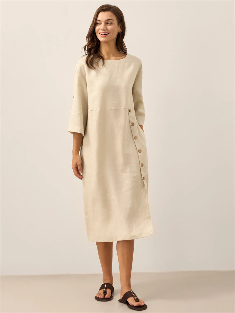Casual Cotton-Linen Dress With Buttoned Slit And Round Neck