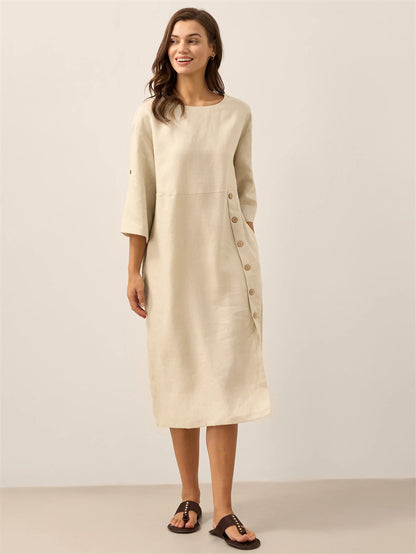 Casual Cotton-Linen Dress With Buttoned Slit And Round Neck