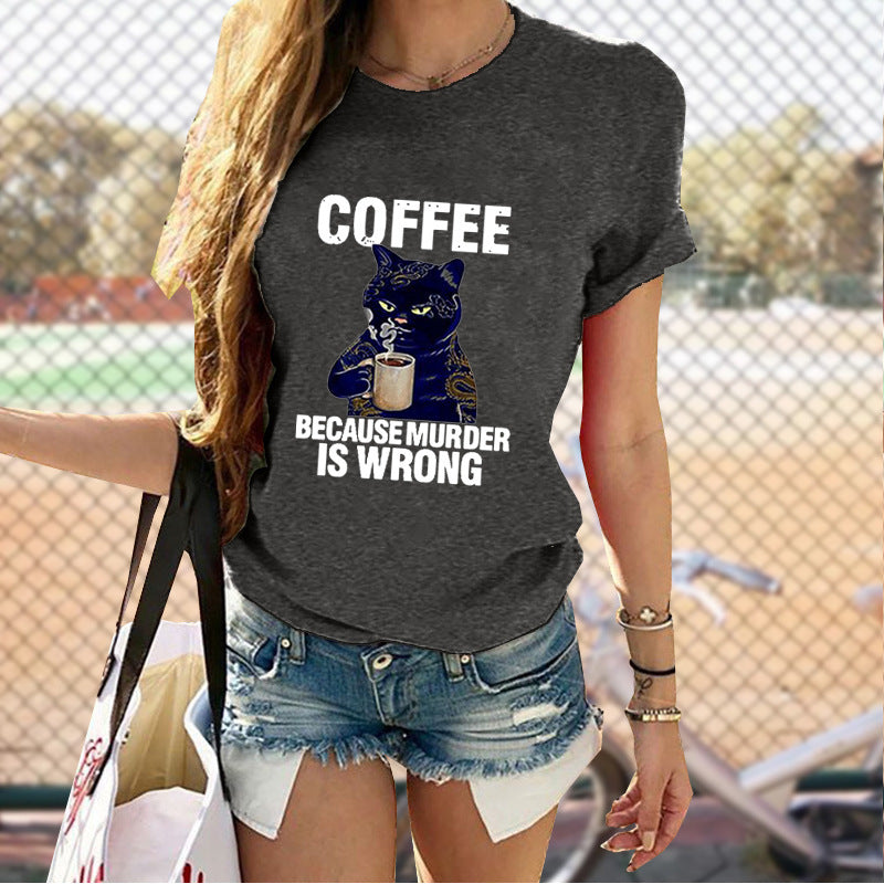 Cat Cute Print T-shirt Round Neck Short Sleeve Top