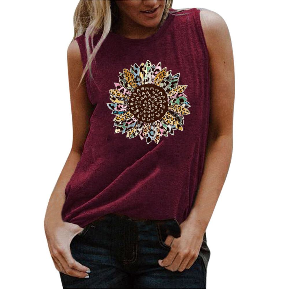 Printed Round Neck Casual Sleeveless T Shirt