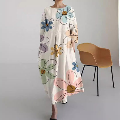 Retro Floral Pocketed Loose Womens Printed Maxi Dress