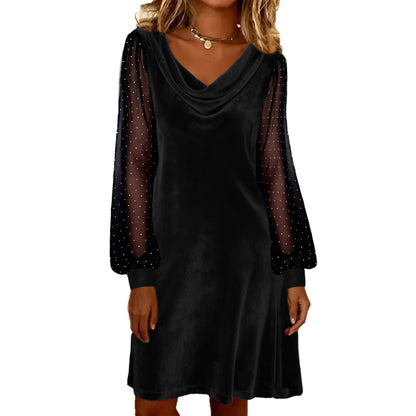 Womens Solid-Color V-Neck Mesh Dress