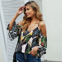 Flared Sleeve V-neck Printed Off Shoulder Sling Top