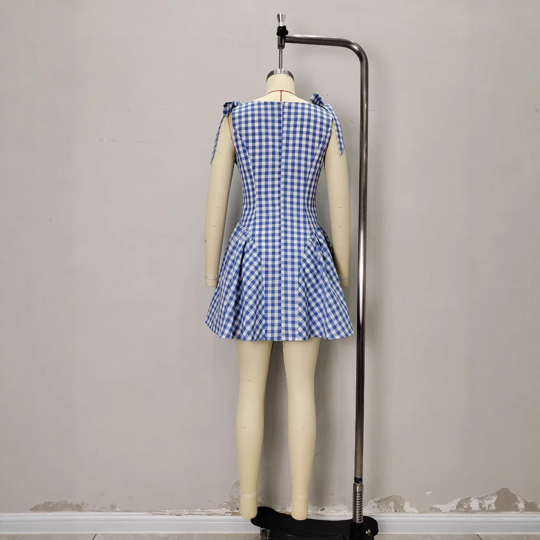 Womens Fashion Plaid Striped Belted Waist Dress