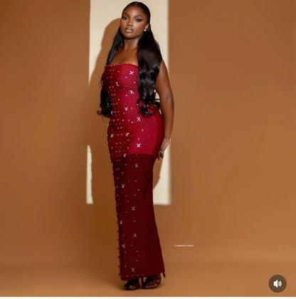 New Elegant Off-the-shoulder Halterneck Dress With Rhinestone Detailing