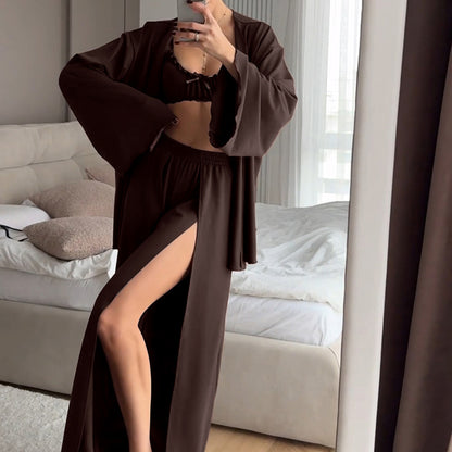 Womens Pajama Set Knitted Underwear With Ruffle Trim Robe And High-Slit Pants