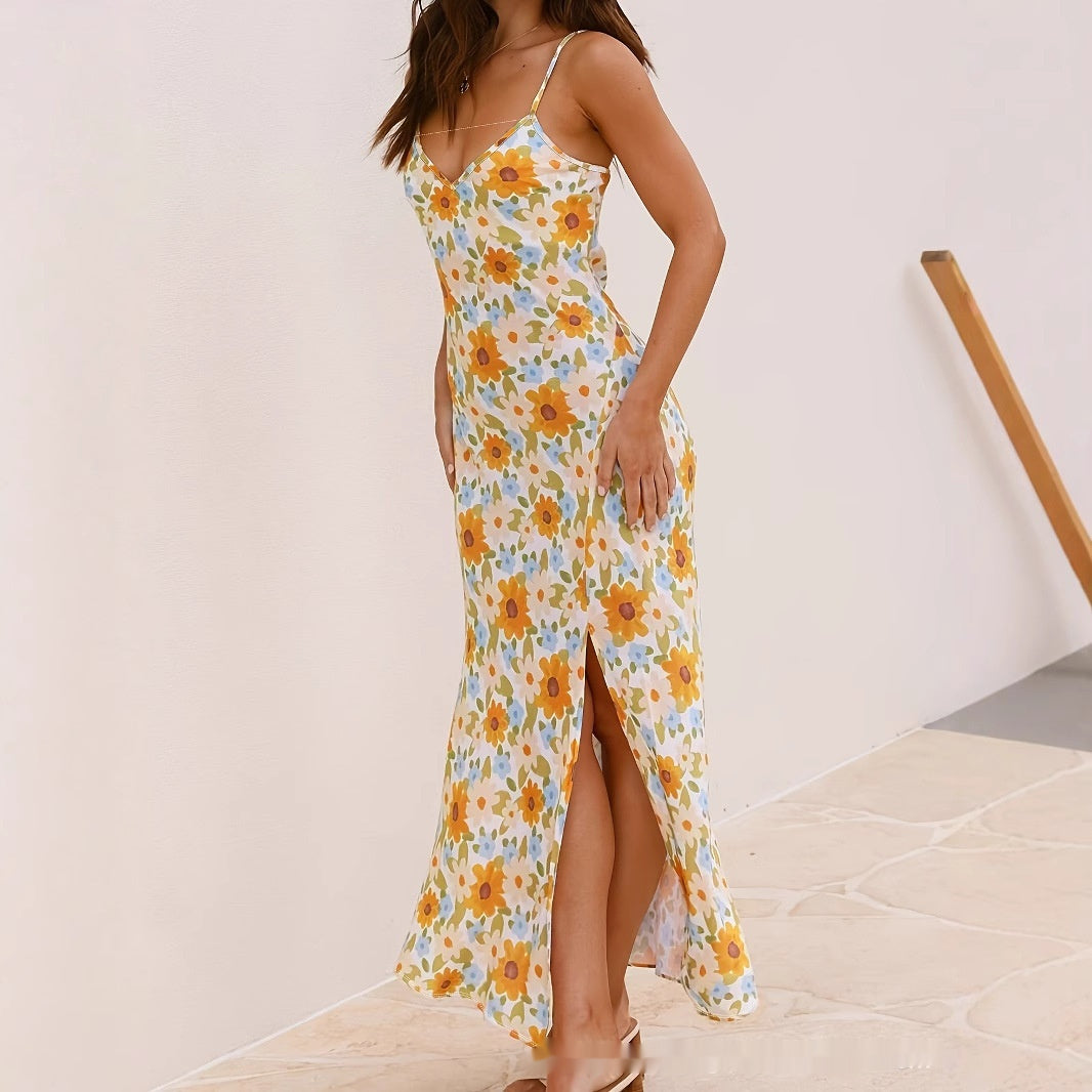 Womens Floral Dress With Thin Straps And A Slit