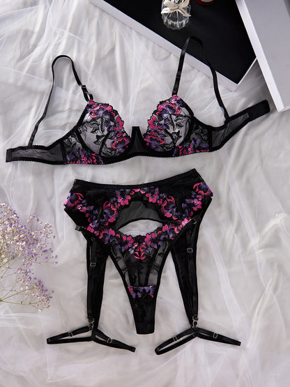 Embroidered Mesh Joint Underwear Four-piece Set