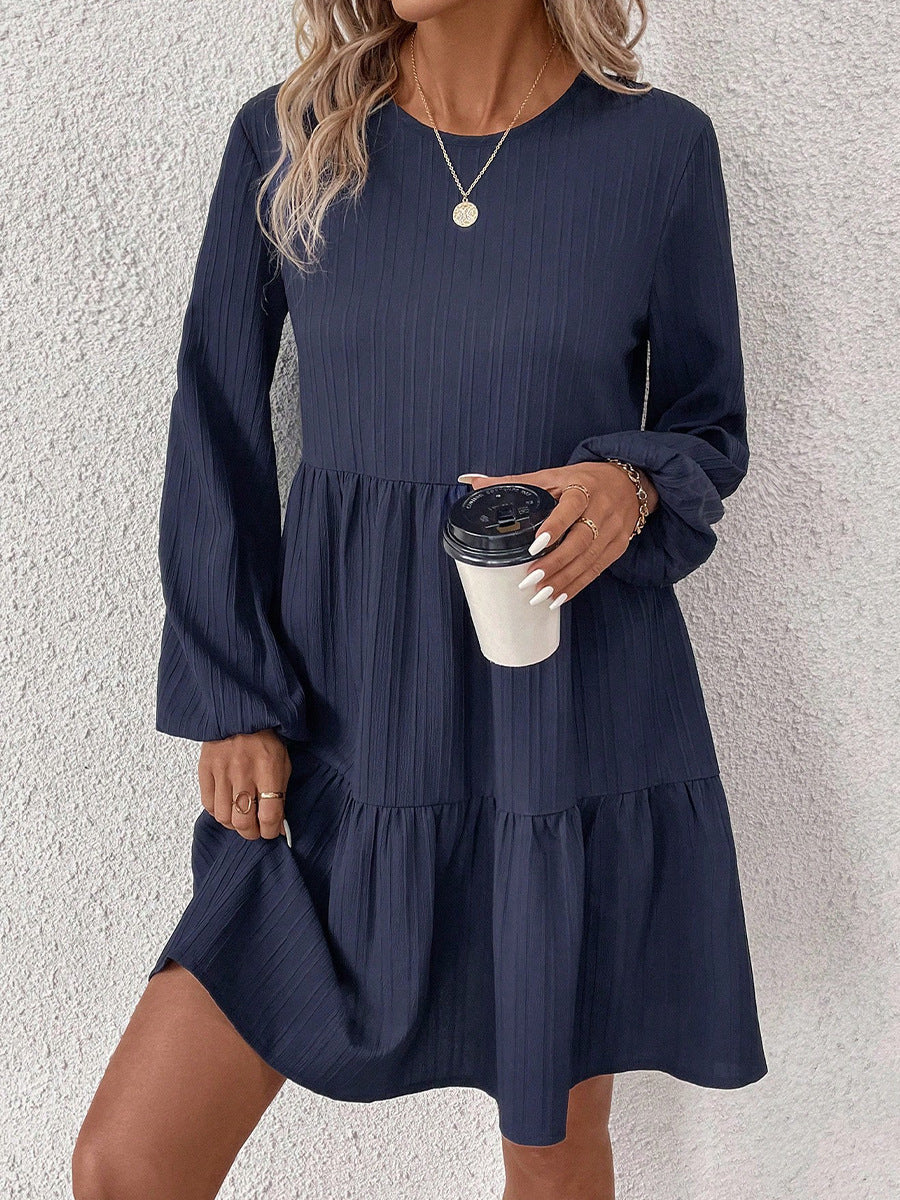 Womens Solid-Color Crew-Neck Casual All-Match Dress