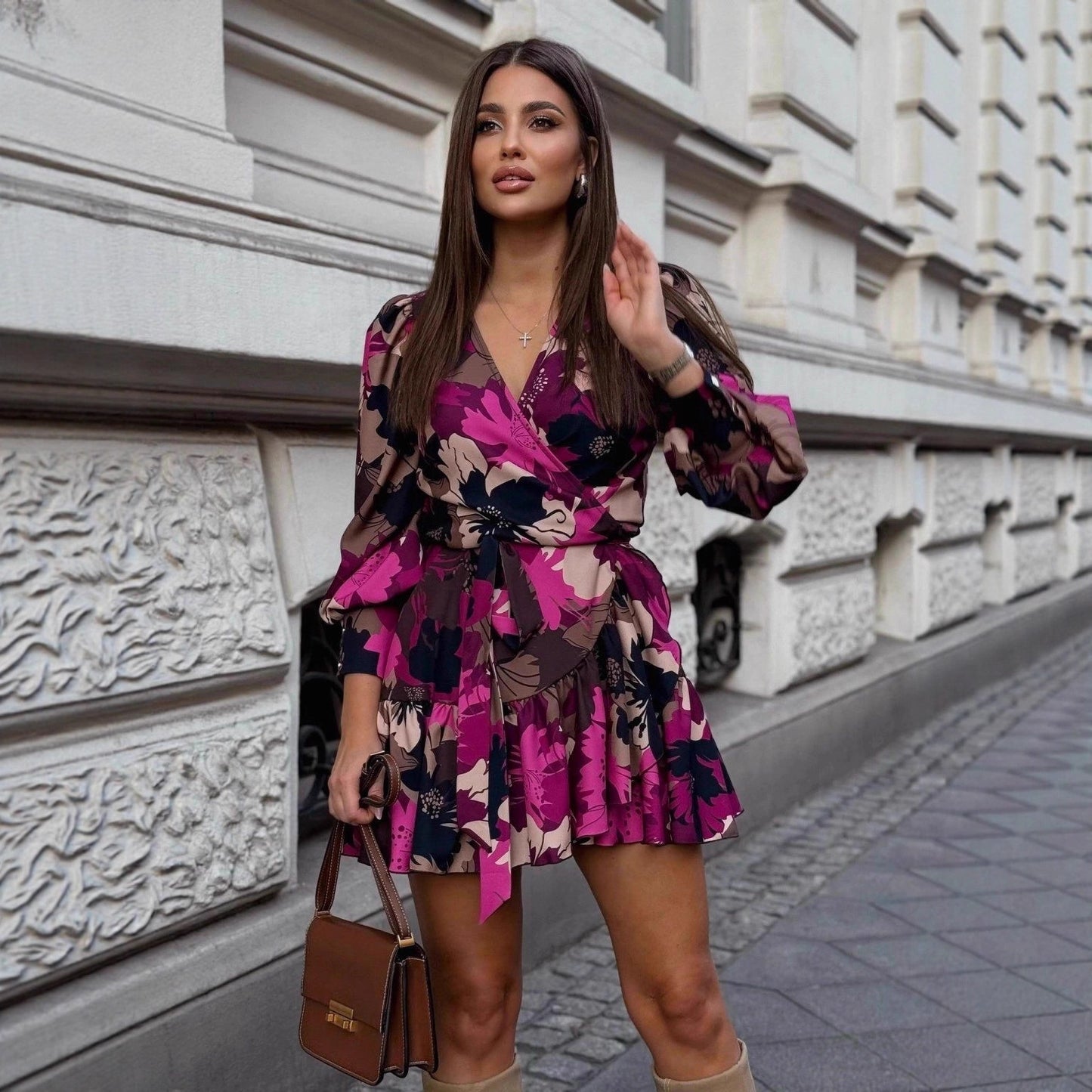 Womens Floral Print Lantern Sleeve Ruffled Long Sleeve V Neck Dress