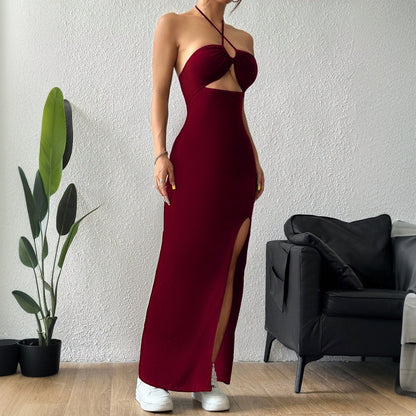Womens Solid-Color Casual Halterneck Slim-Fit Dress