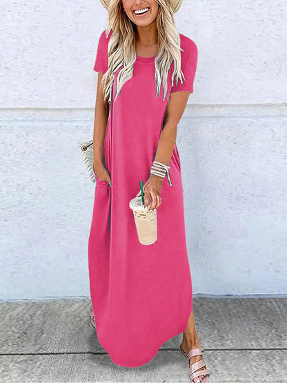 Solid-color Crew-neck Pocket Short-sleeve Dress
