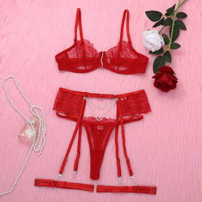 Chain Flower Embroidered Underwear Bra Set Female