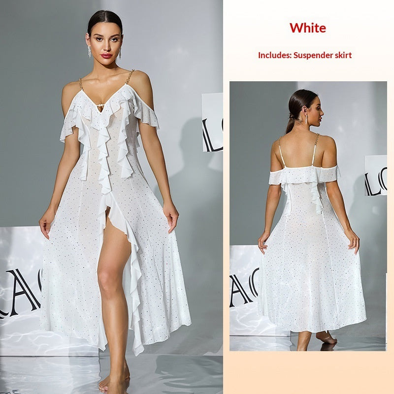 Multi-color Mesh Sequin Off-the-shoulder V-neck Split Dress