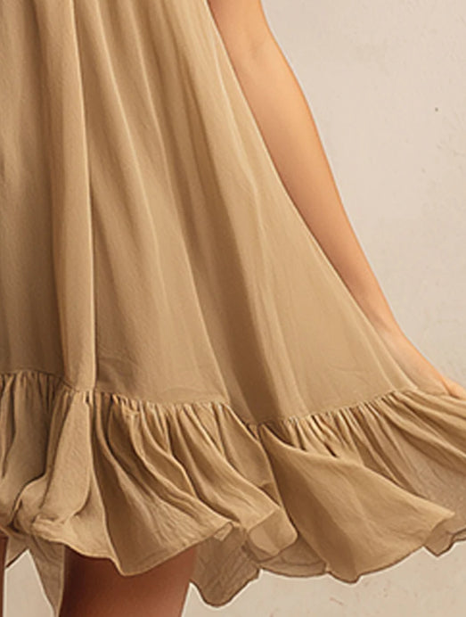 Casual Vacation Style Light Brown Round Neck Chiffon Mini Dress