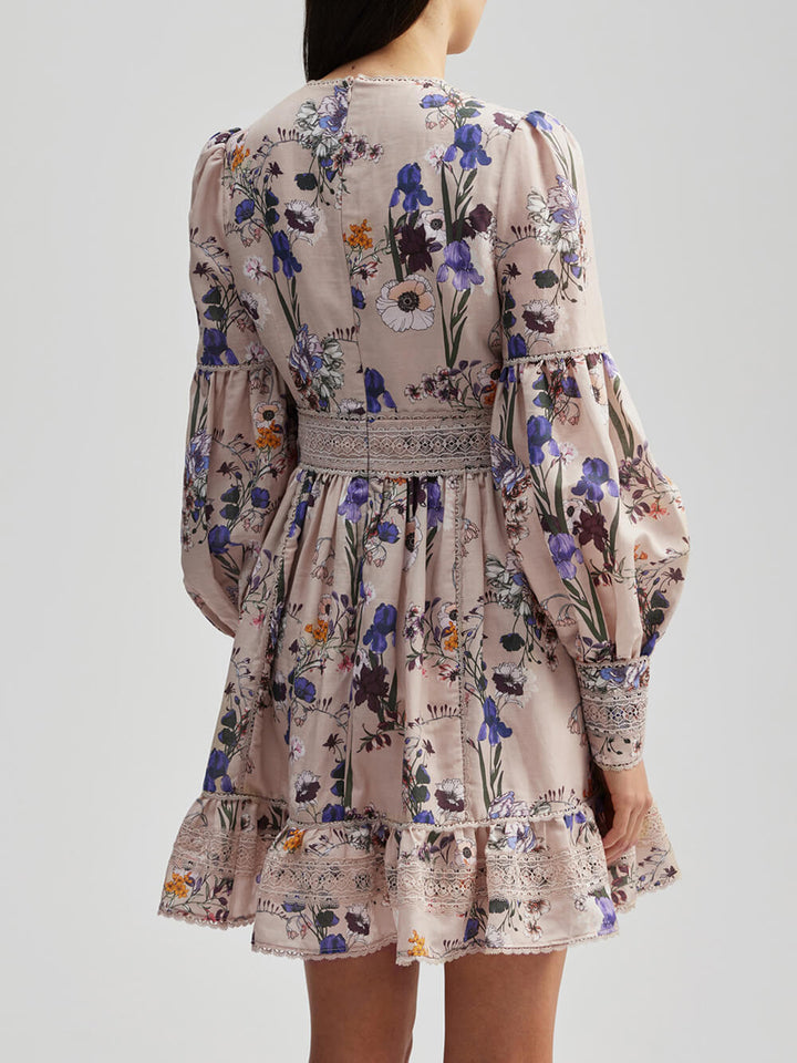 Flower And Plant Balloon Sleeve Mini Dress