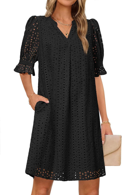 SpringSummer V Neck Pleated Collar Hollow Out Floral Lace Dress