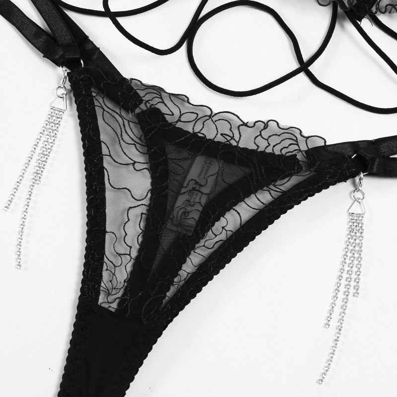 Flower Embroidery Tassel Chain Underwear Two-piece Set