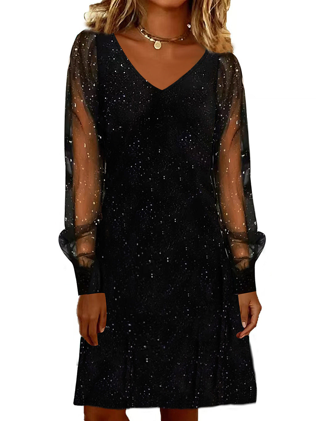 Womens V-neck Mesh Sleeve Sparkly Party Dress