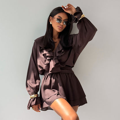 Elegant Short Dress With Ruffled Hem For Women