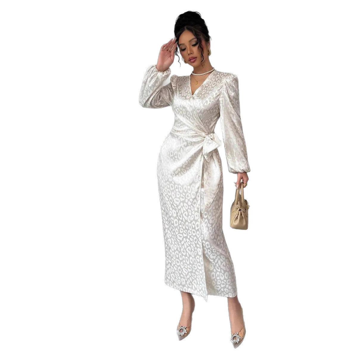Long-sleeve Dress Leopard-print Jacquard Dress