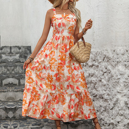 Backless Strap Dress V Neck Slip Dress With Floral Print