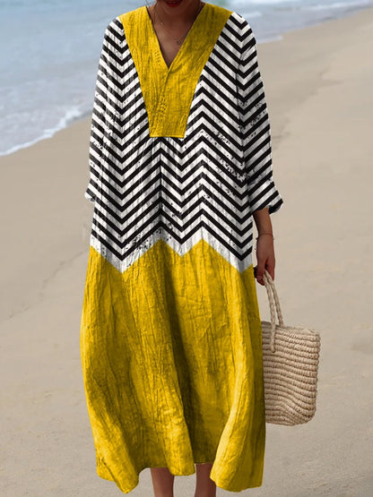 Resort Style Printed Long Sleeve For Women Loose Fitting V Neck Maxi Dress