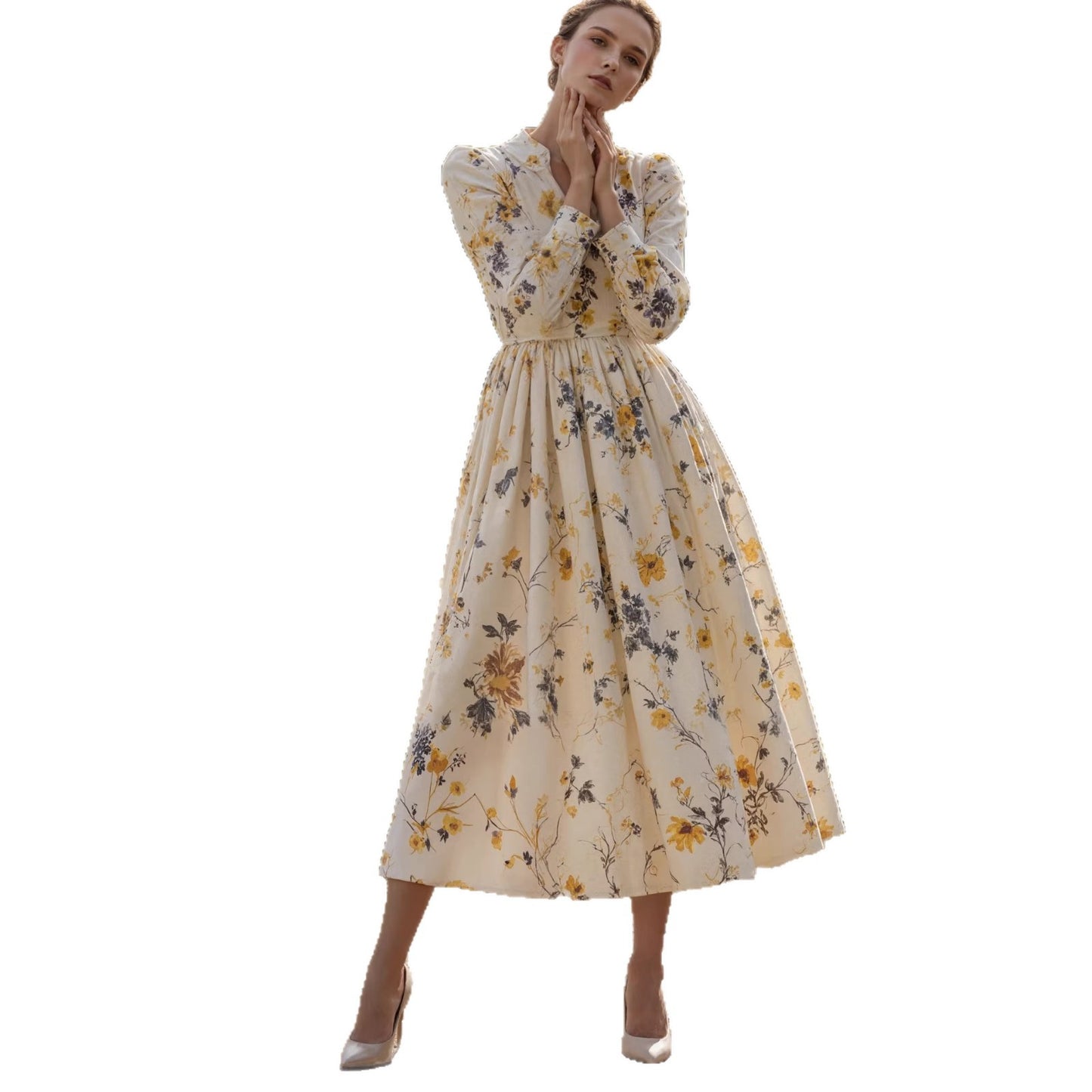 Retro casual V-neck printed long-sleeved women's dress