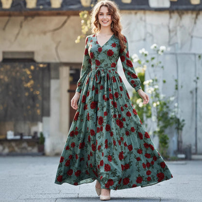 Retro Elegant Waist-Cinching Printed V-Neck Long-Sleeve Womens Dress