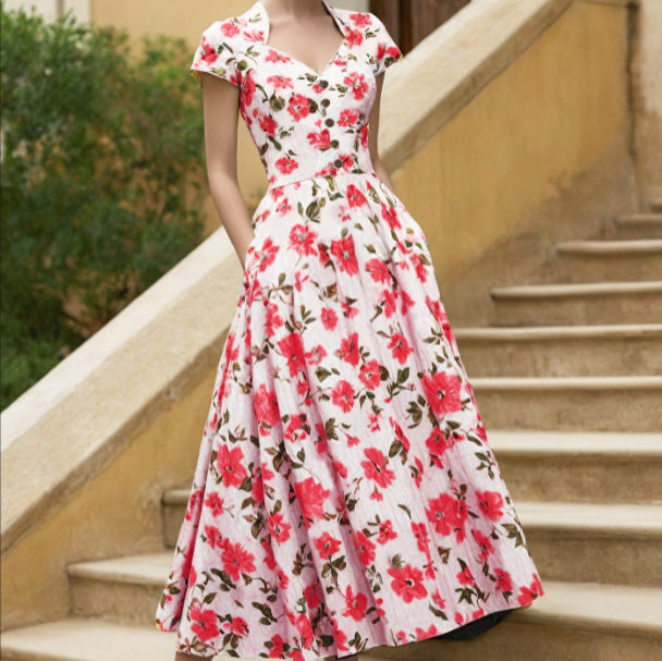 Retro Casual Printed V-neck Short-sleeve Womens Dress