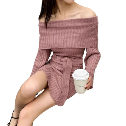 French-style Off-the-shoulder Ribbed Knit Dress