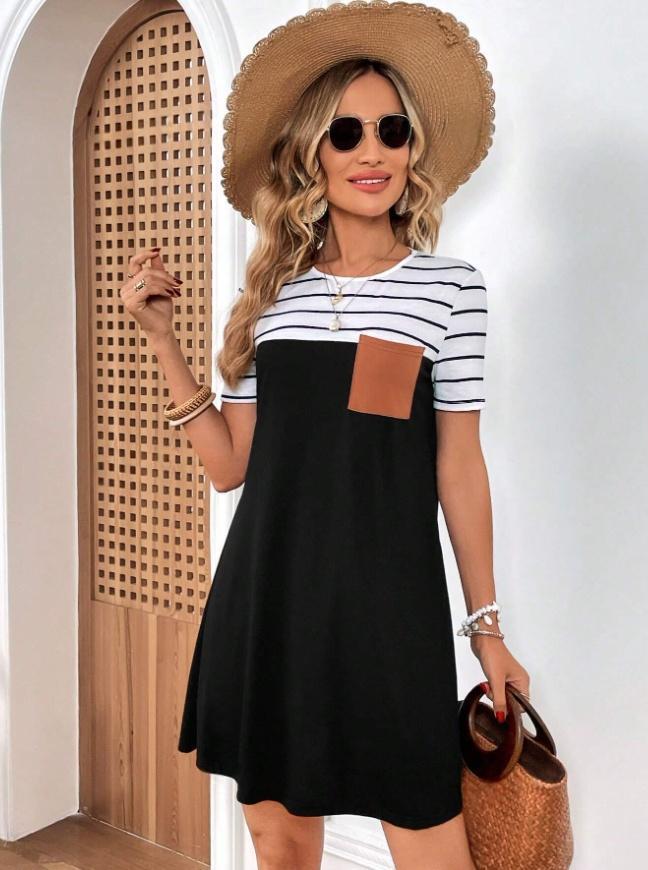 New Womens Summer Casual Crew Neck Short Sleeve Striped Dress