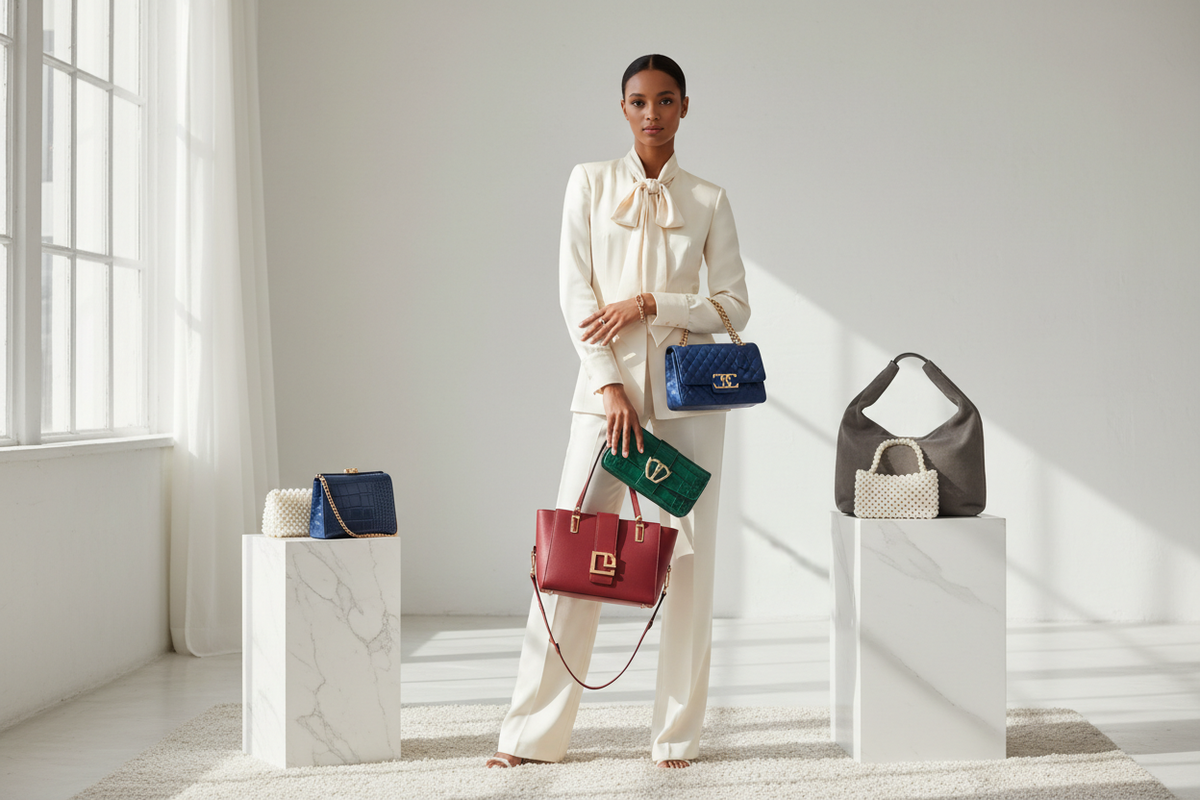 create a light darkskinned model showing off multiple designer bags in a light room