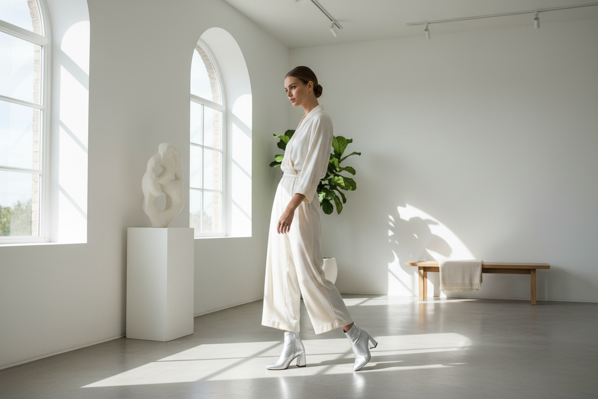 create a model showing off footwear in a light room