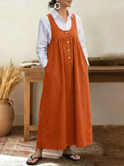 Solid-color Button-up Suspender Dress Sleeveless Loose-fit Casual Dress
