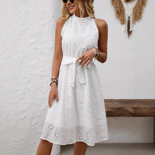 Elegant White Embroidered High-waisted Halter Dress With A Cinched Waist