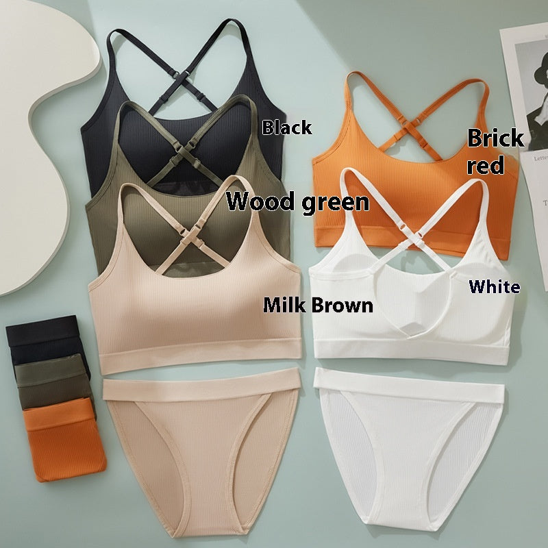 Ice Silk Seamless Bra Set Women's Sling Cross Beauty Back Yoga Underwear