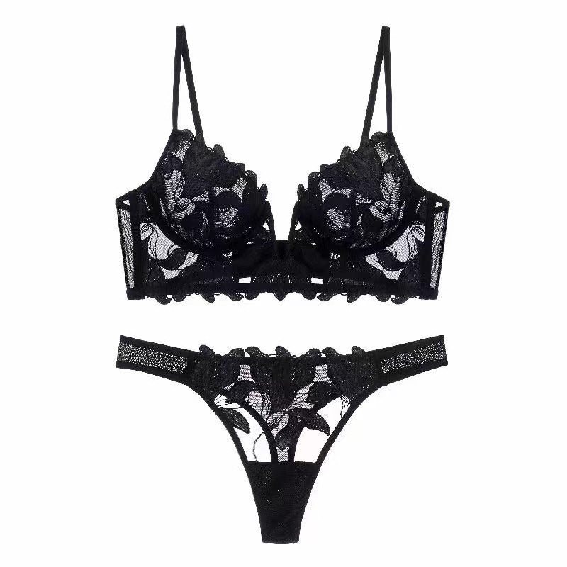 European And American Underwear Gathered Deep V Three-dimensional Embroidery Mesh