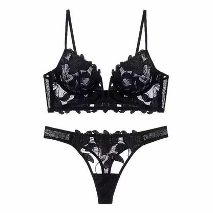 European And American Underwear Gathered Deep V Three-dimensional Embroidery Mesh