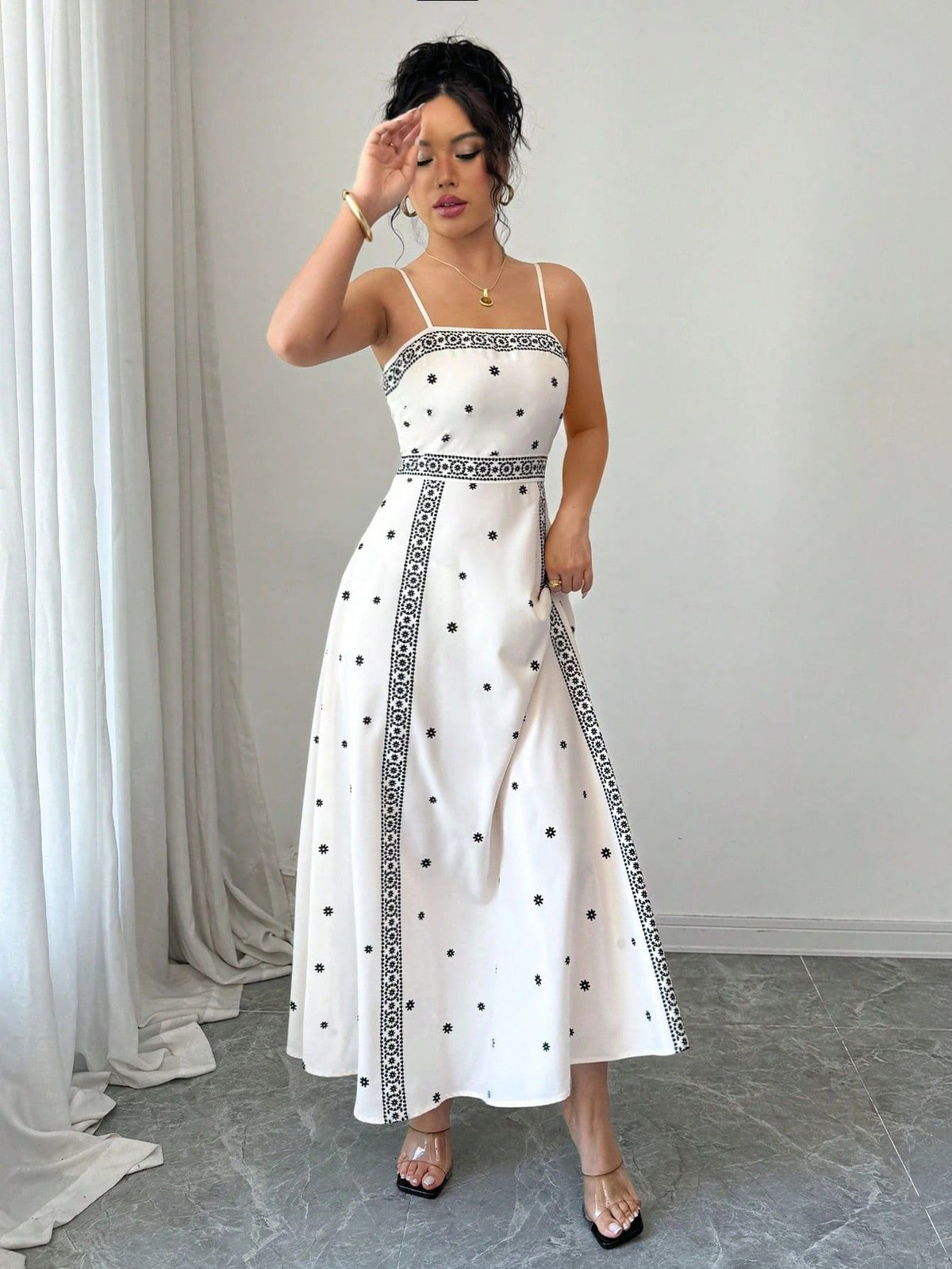 Fitted-waist White Printed A-line Maxi Dress