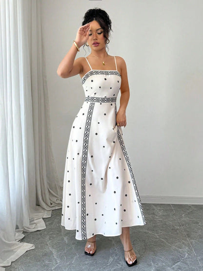 Fitted-waist White Printed A-line Maxi Dress