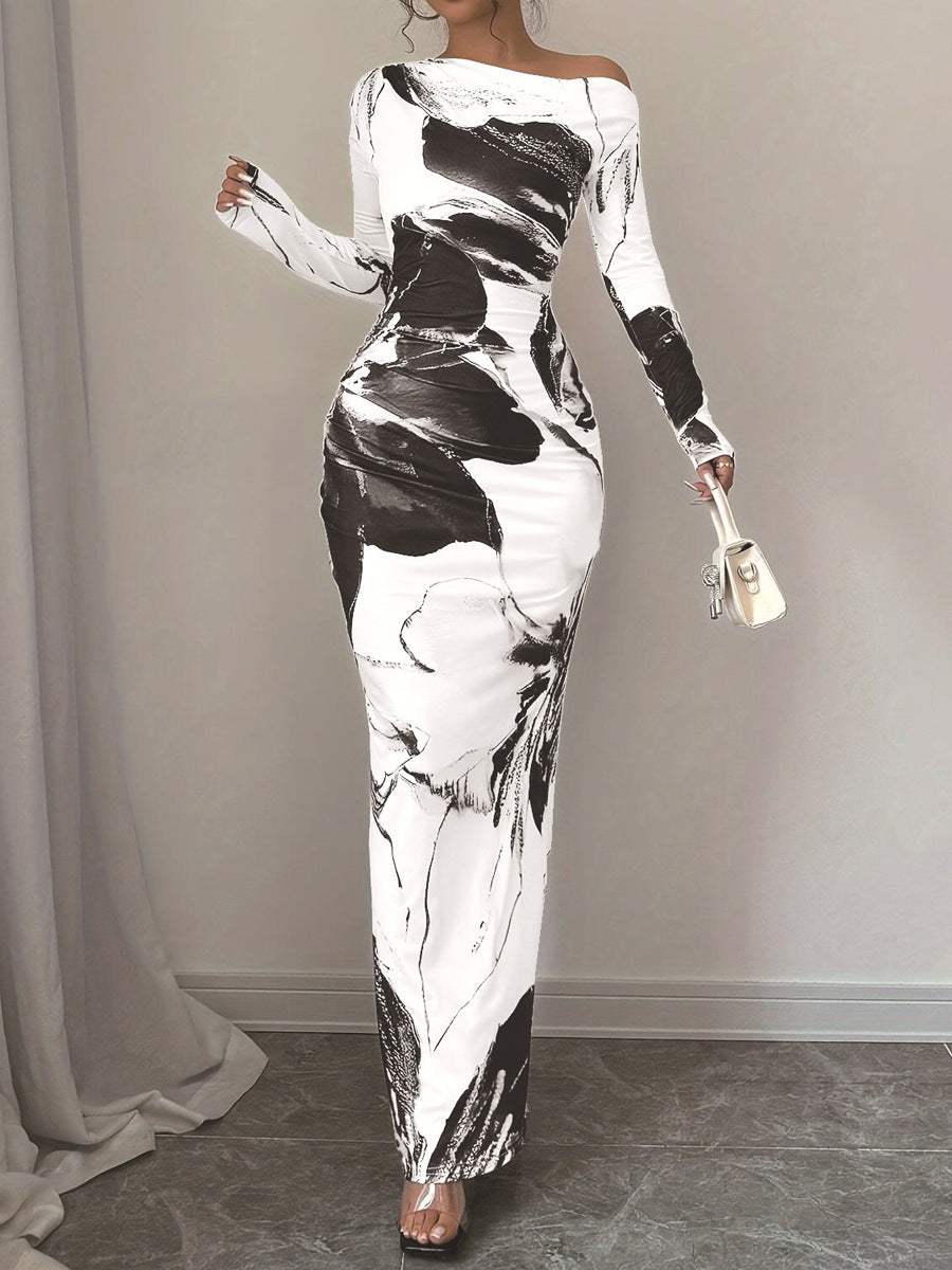 Womens Printed Slim-Fit Long-Sleeve Dress