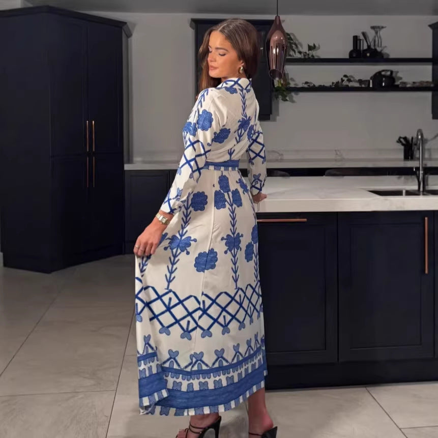 Womens Printed Defined-Waistline Long-Sleeve Dress