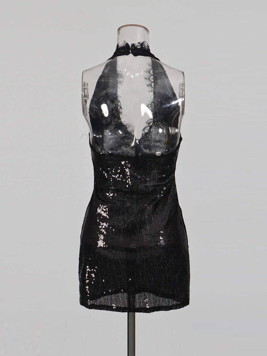 Fashionable Neck Hanging Sequin Waist Cinching Short Dress