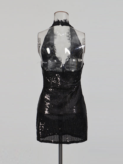Fashionable Neck Hanging Sequin Waist Cinching Short Dress